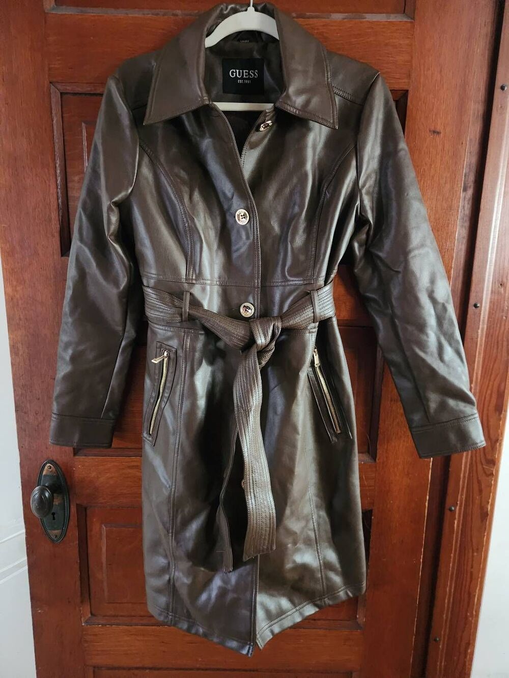 Guess Medium Faux Leather Belted Trench Coat in chocolate brown (R) - Picture 4 of 11